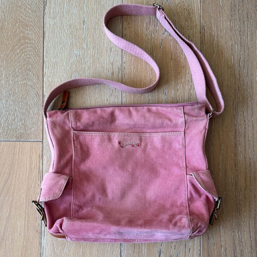 Fossil Y2K Pink Canvas Crossbody Bag Floral Lining Utility Side Pockets